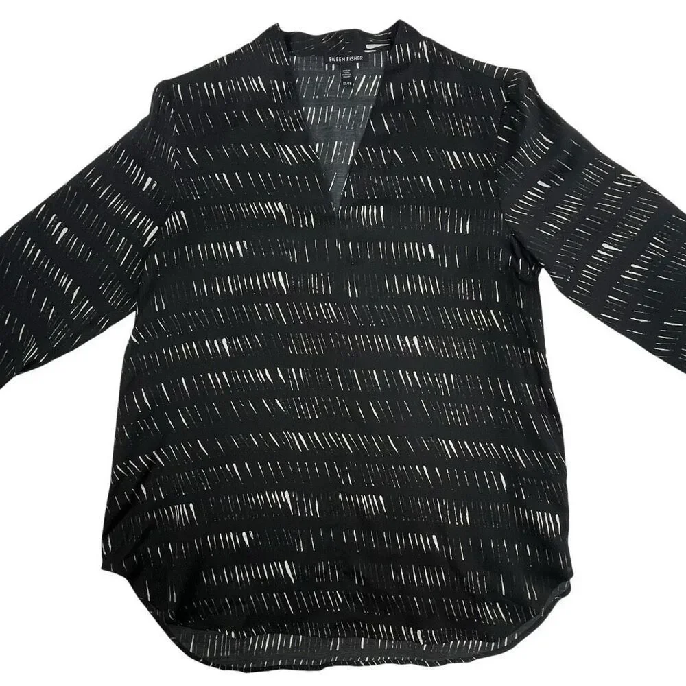 Eileen Fisher Womens Silk Organic Cotton Dash V-Neck Blouse Shirt Black Size XS